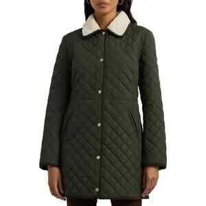 Ralph Lauren Quilted Jacket Faux Shearling Collar Green Size S Hooded Equestrian